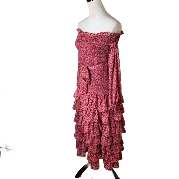 LIKELY Mitzie Ruffle Tiered Midi Dress Size 10 | Red Floral Off Shoulder Smocked - Picture 3 of 12